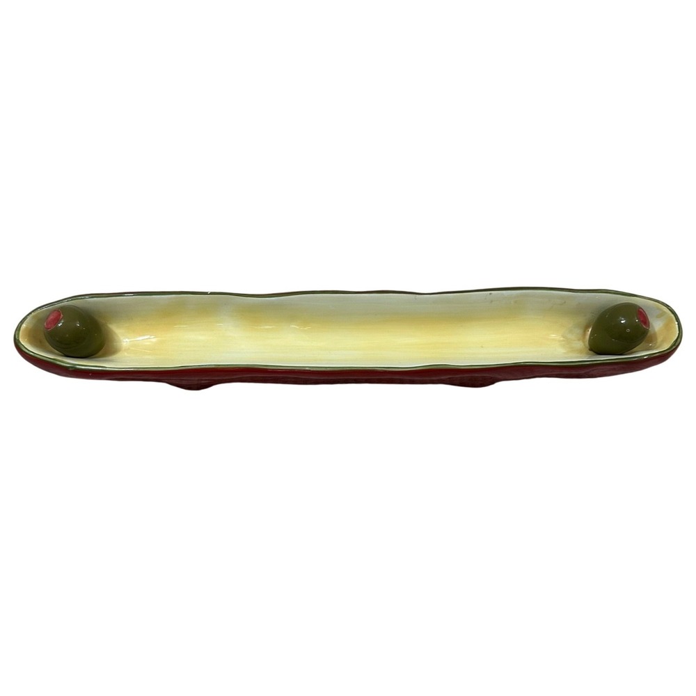 Bella Casa by Ganz Ceramic Olive Tray Red Yellow Long Appetizer Dish 16.5 Inch